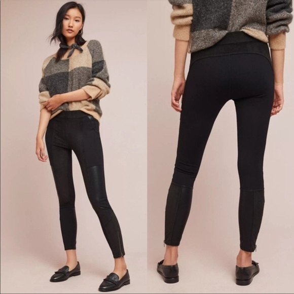 Anthropologie Women's Faux Leather Suede Paneled Moto Leggings Ankle Zip Blk 27 - Picture 1 of 7